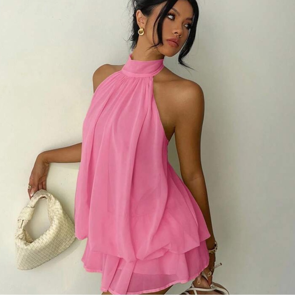 Pink Halter Chiffon Layered Mini Dress/ romper - Picture 2 of 8